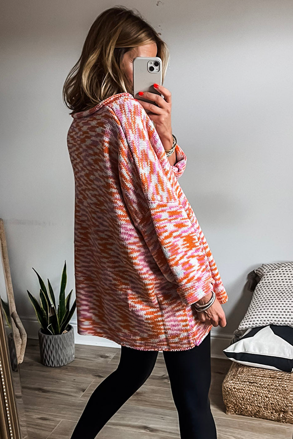 Orange Vibrant Abstract Print Drop Shoulder V Neck Tunic Oversized Sweater