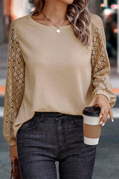 Light French Beige Lace Patch Sleeve Waffle Knit Top