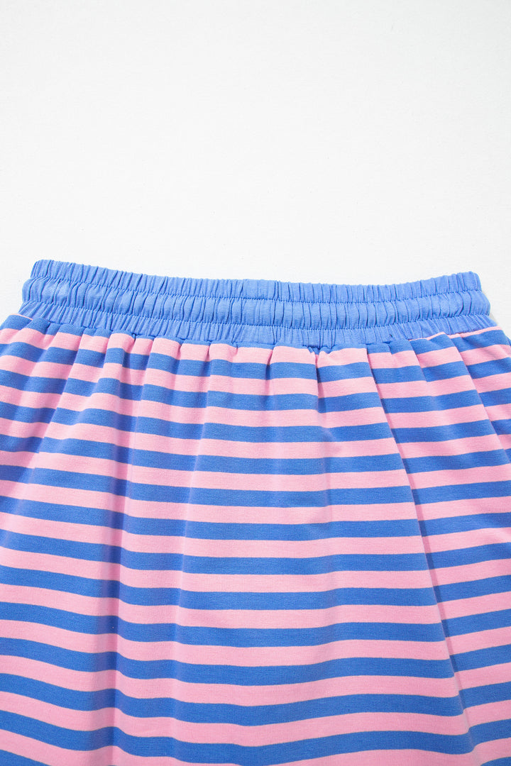 Pink Stripe Loose Short Sleeve Top and Skirt Set