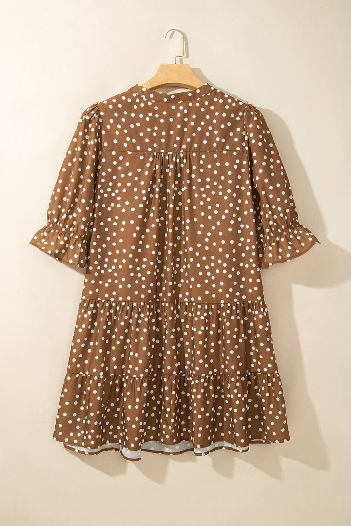 Brown V Neck Polka Dot Long Sleeve Shift Plus Size Dress