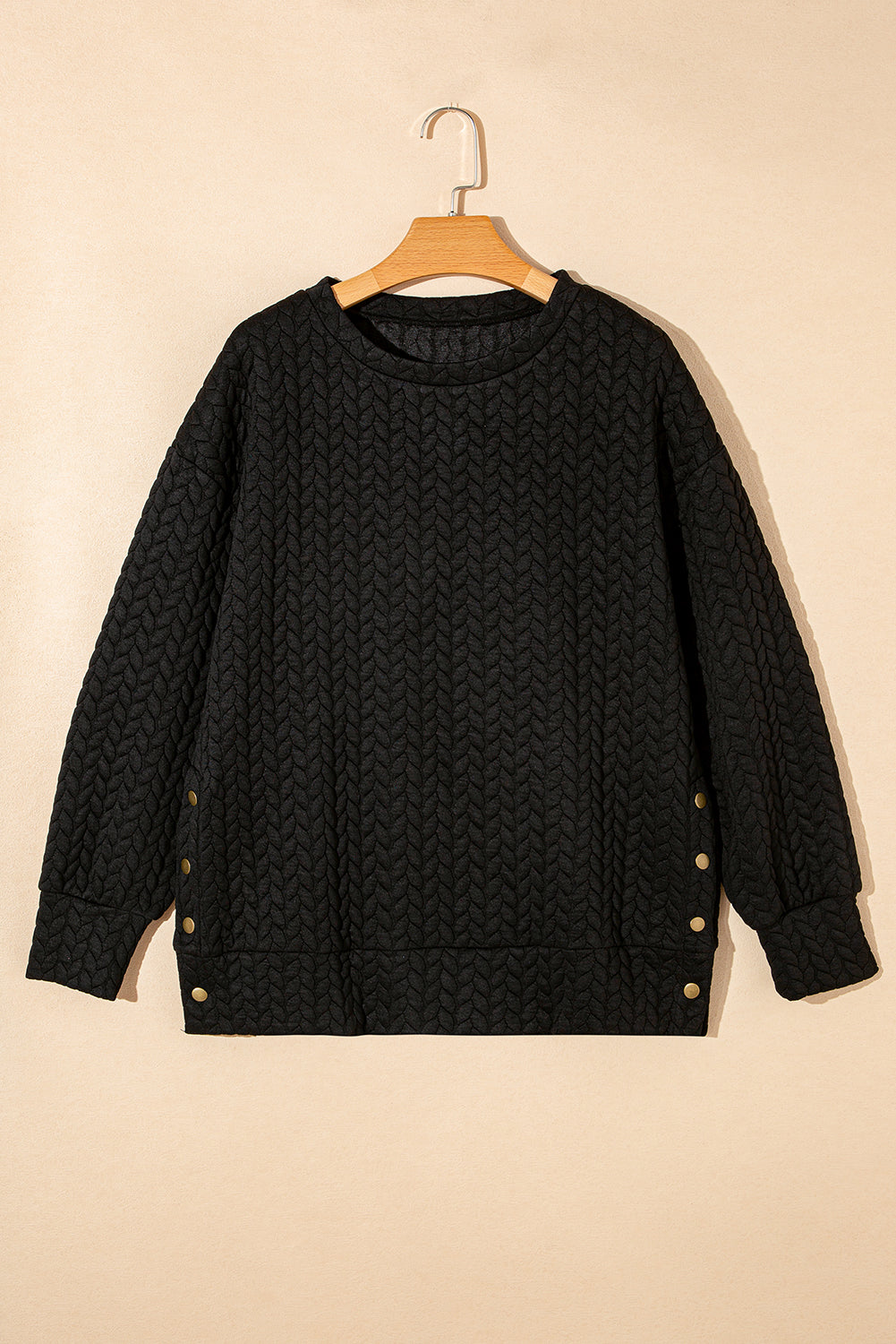 Black Pale Chestnut Side Buttons Cable Textured Sweatshirt