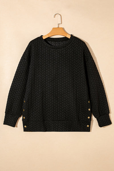 Black Pale Chestnut Side Buttons Cable Textured Sweatshirt