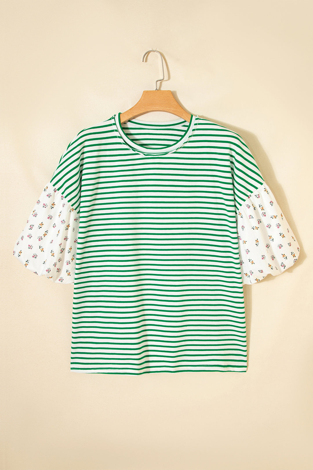 Green Stripe Floral Puff Sleeve Patchwork Round Neck Loose Top