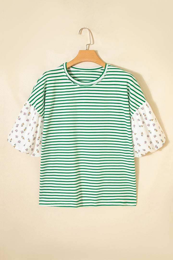 Green Stripe Floral Puff Sleeve Patchwork Round Neck Loose Top