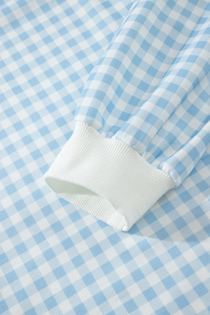 Sky Blue Gingham Loose Pullover Top Drawstring Shorts Plus Size Set