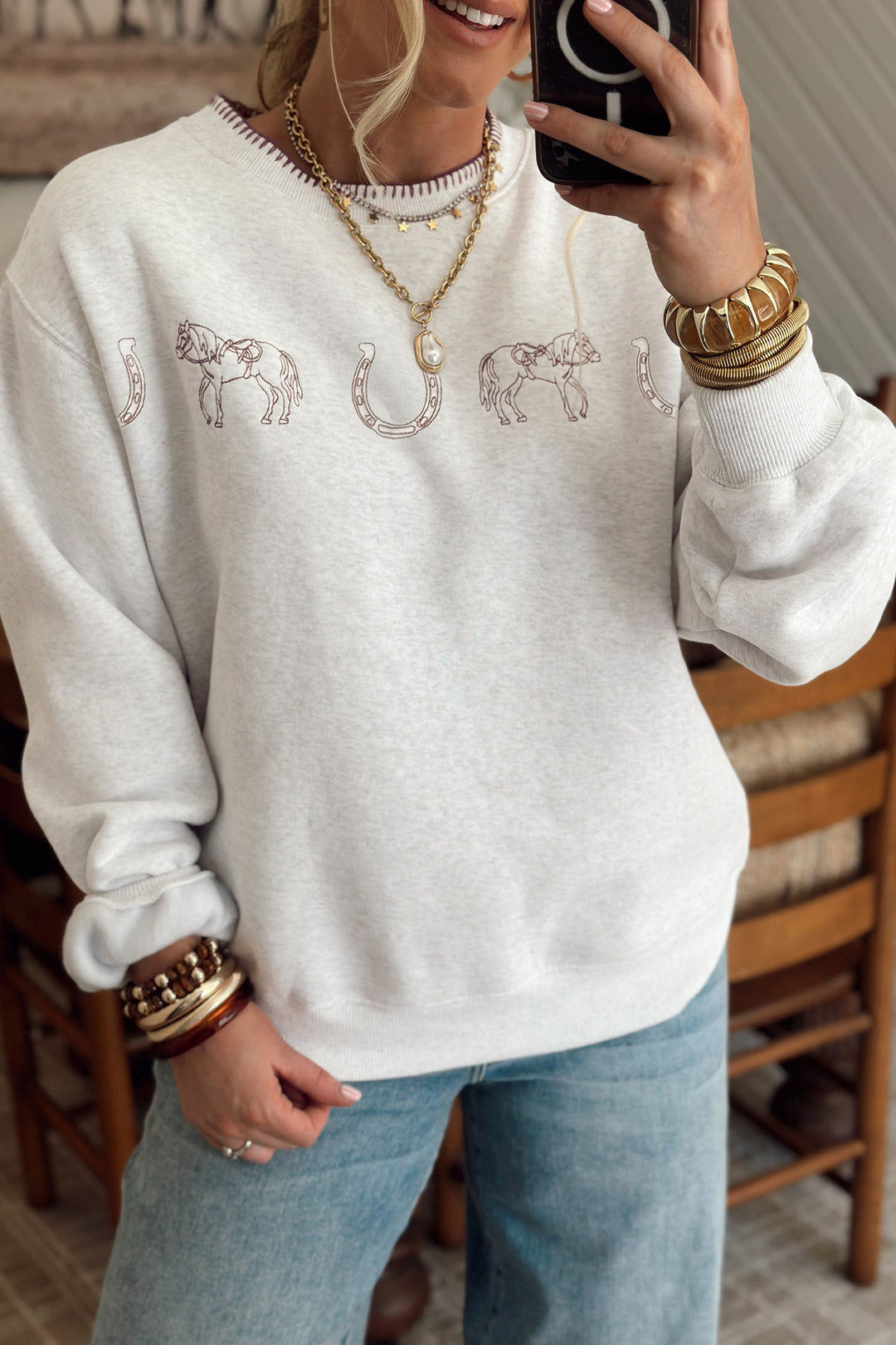 Light Grey Western Print Embroidered Casual Sweatshirt