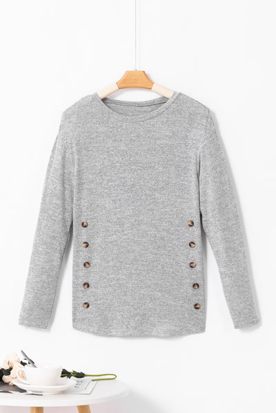 Gray Side Buttons Crew Neck Knit Top