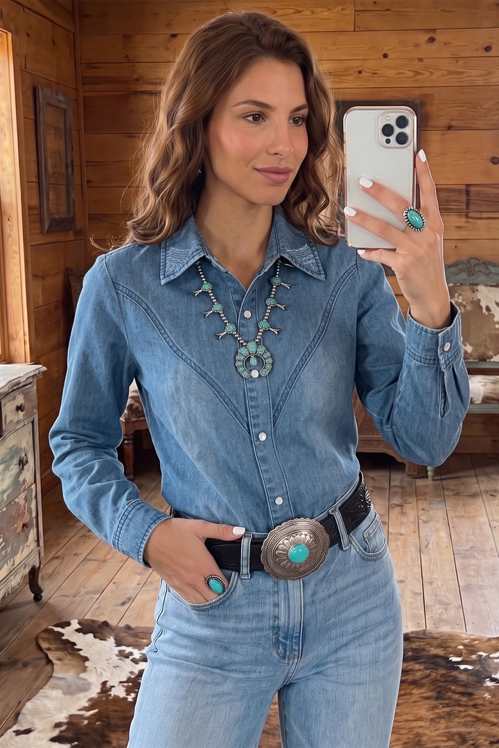 Myosotis Embroidered Western Detail Long Sleeve Collar Shirt