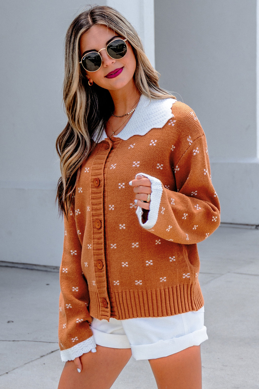 Russet Orange Peter Pan Collar Colorblock Long Sleeve Knitwear Cardigan