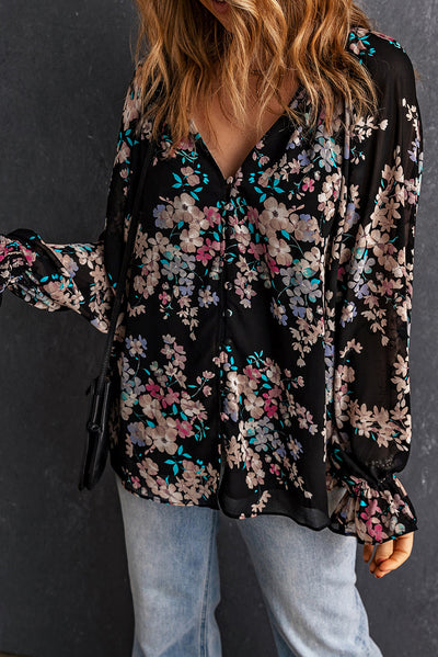 Black Wildflower Print Chiffon Blouse