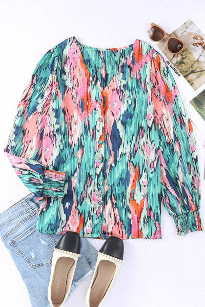 Green V Neck Abstract Print Long Sleeve Shirt