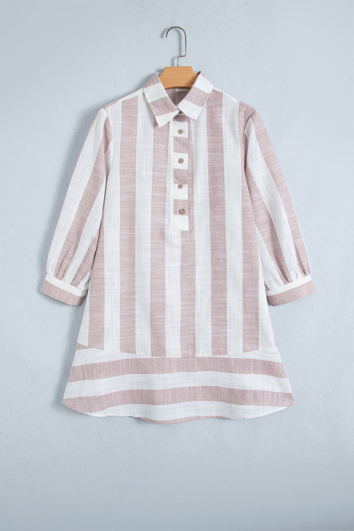 Khaki Stripe Striped Button-Up Three-Quarter Sleeve Short Shift Dress