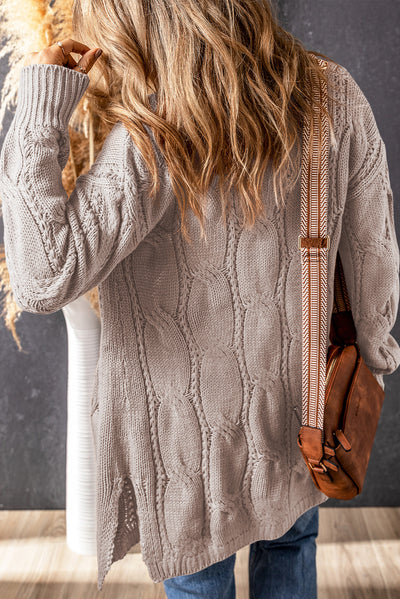 Khaki Ribbed Trim Eyelet Cable Knit Cardigan