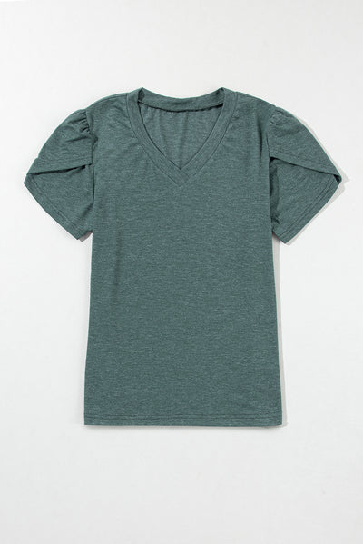 Mist Green Fashion Petal Sleeve V Neck T Shirt