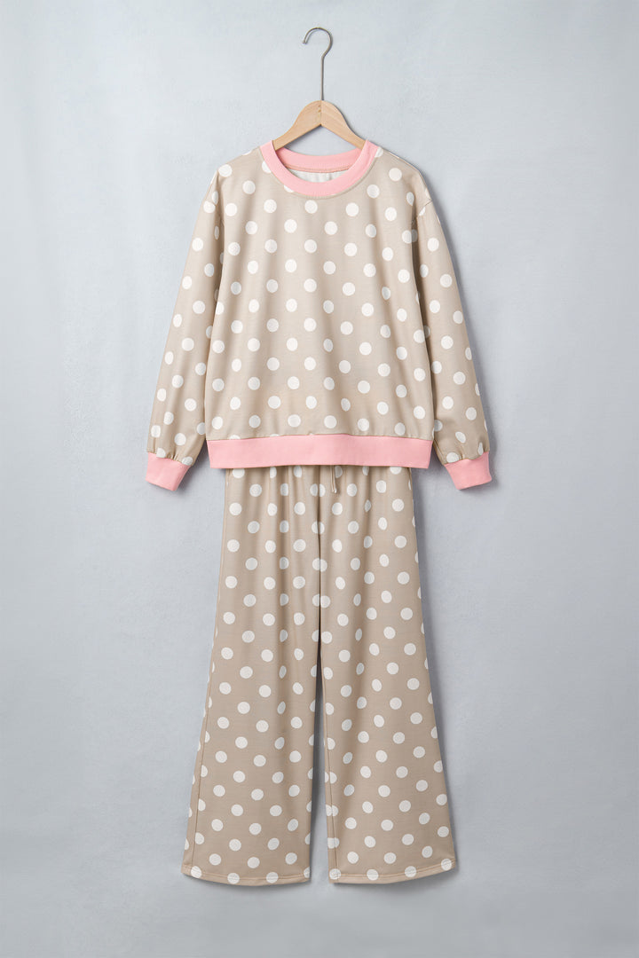 Khaki Polka Dot Contrast Trim Long Sleeve Top Drawstring Shift Pants Set