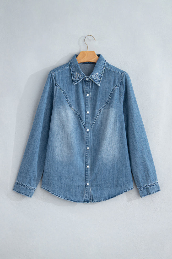 Myosotis Embroidered Western Detail Long Sleeve Collar Shirt