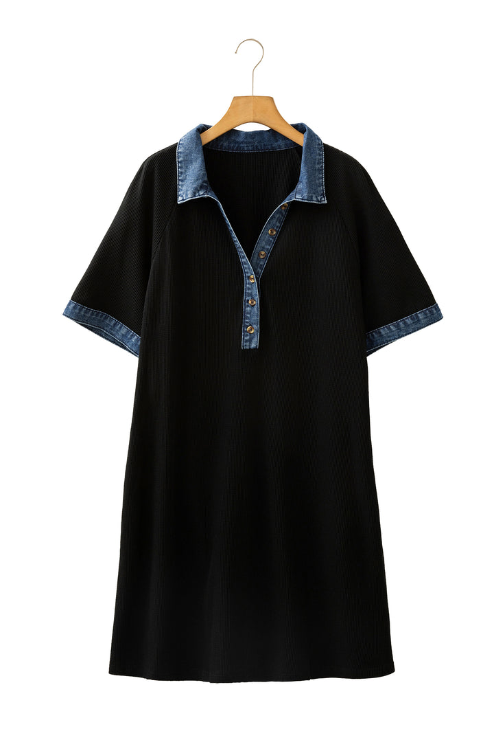Black Colorblock Denim Collar Short Sleeve Plus Size Shift Dress