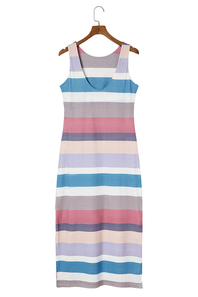 Multicolor Stripe Print Slit Maxi Tank Top Dress