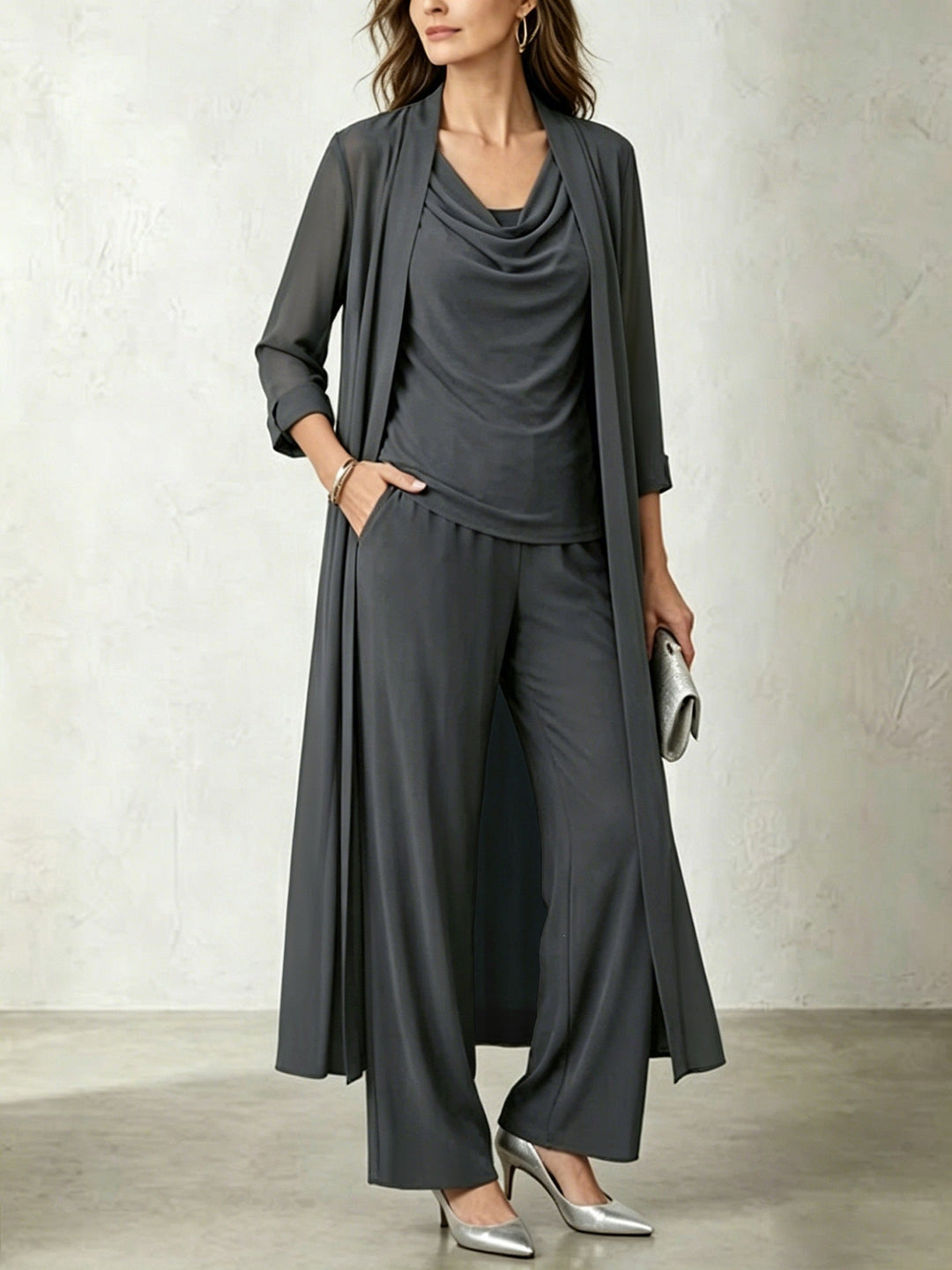 Long Sleeve Swing Collar Cardigan &amp; Wide-Leg Pants Three-Piece Set
