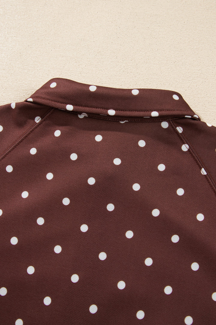 Pink Polka Dot Print Metal Button Collar Casual Pullover Sweatshirt