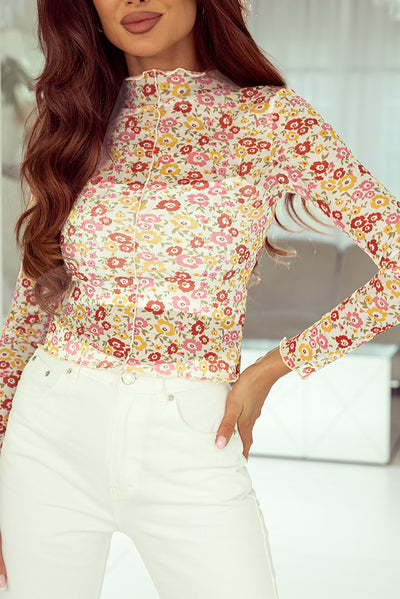 Multicolor Floral Lettuce Hem Long Sleeve Top