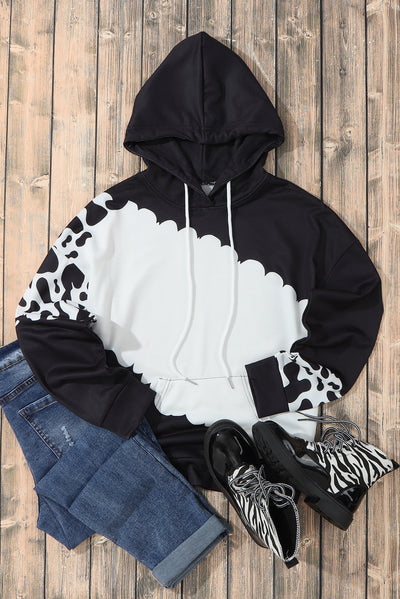 Black Cow Tie Dye Print Pocketed Drawstring Pullover Hoodie