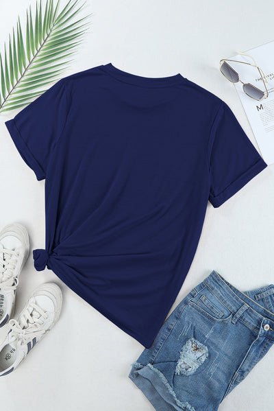 Blue Casual Plain Crew Neck Tee