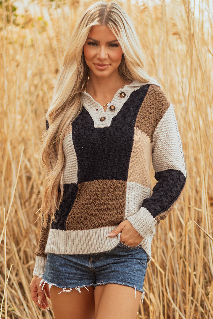 Paige Cable Knit Sleeve Buttons Collared Sweater