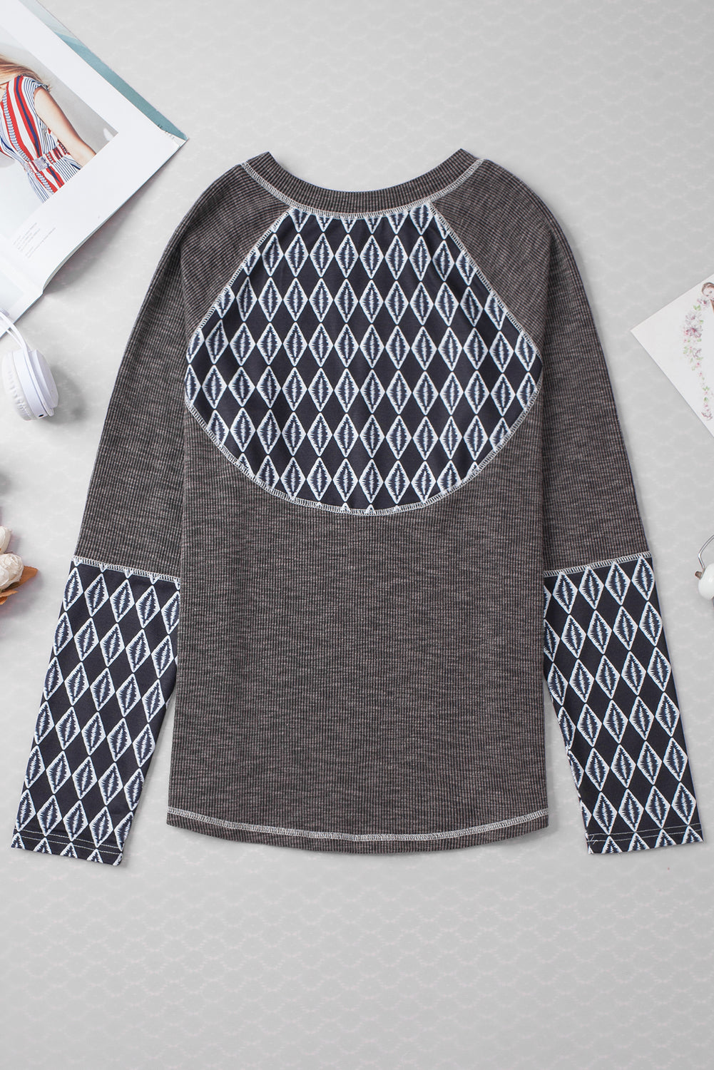 Gray Aztec Patchwork Ribbed Long Sleeve Top