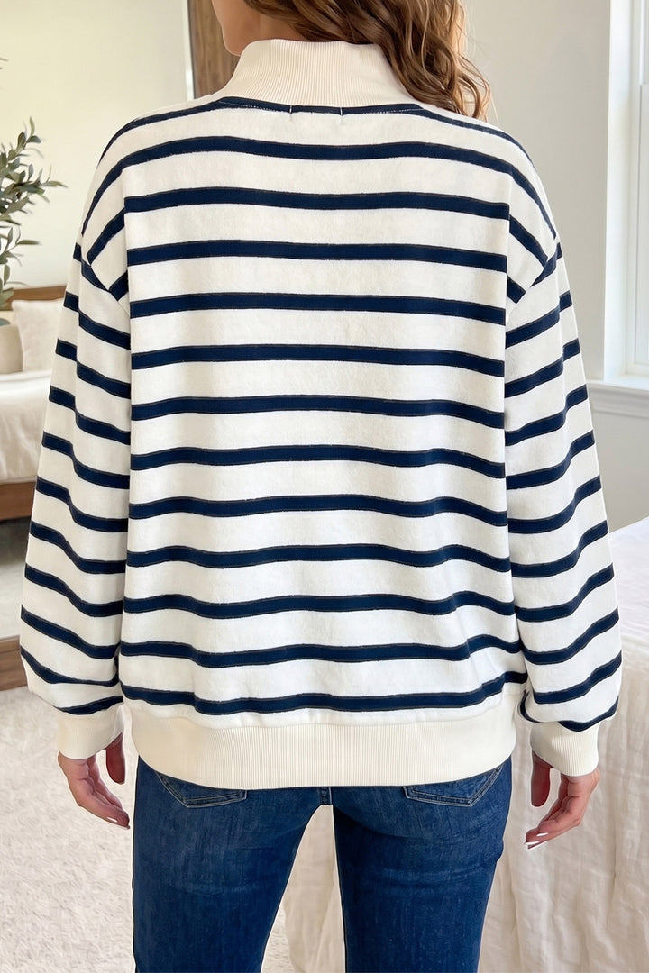 Blue Stripe Sequin Rugby Print Mock Neck Casual Sweatshirt