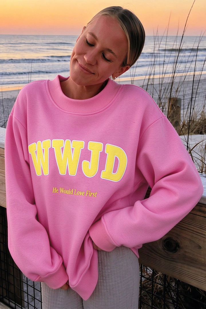 Pink WWJD Embroidered Trim Slogan Graphic Mock Pullover Sweatshirt