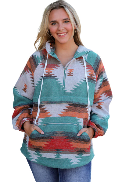 Multicolor Aztec Print Zipped Split Neck Hoodie