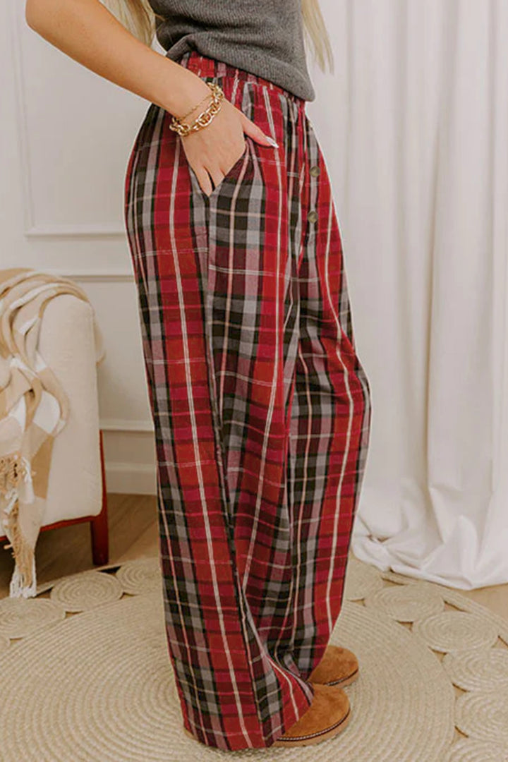 Red Plaid Elastic Waist Pocket Regular Full-Length Pants