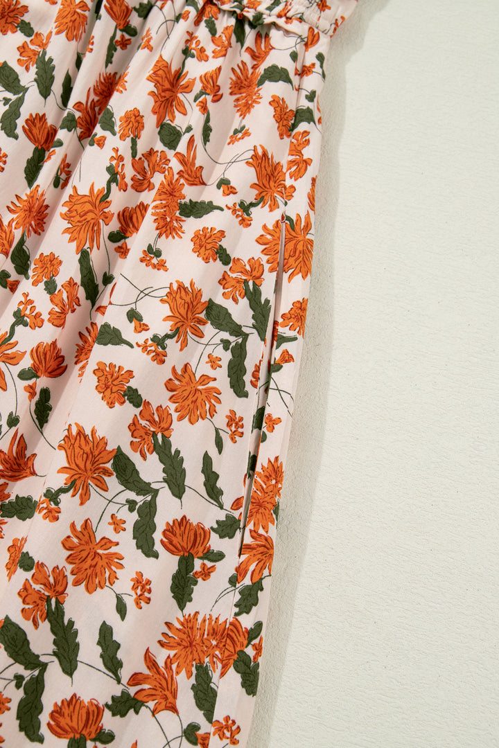 Beige Plus Size Floral Print V Neck Long Sleeve Babydoll Short Dress