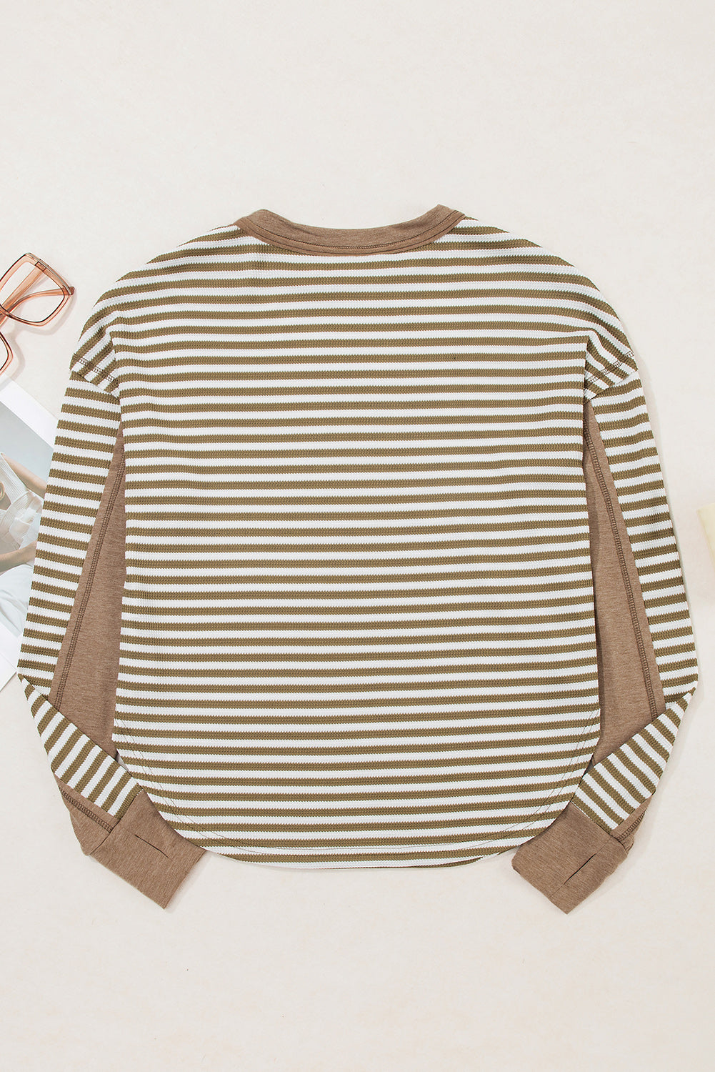 Khaki Stripe Thermal Knit Drop Shoulder Casual Top