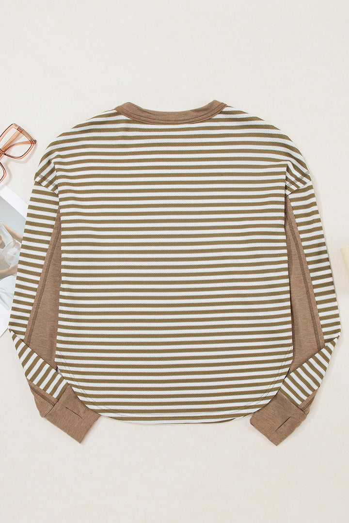 Khaki Stripe Thermal Knit Drop Shoulder Casual Top