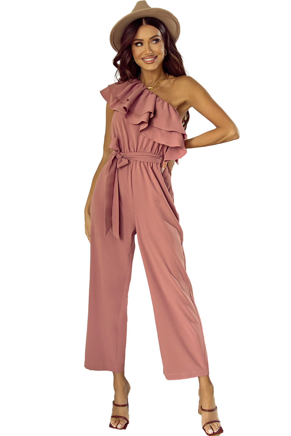 Dusty Pink One Shoulder Ruffle Trim Belted Jumpsuit