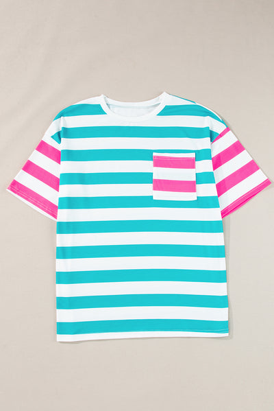 Blue Stripe Contrast Patch Pocket Drop Sleeve T Shirt