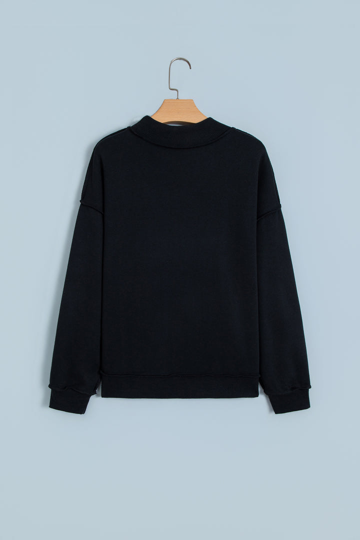 Black Oversize Drop Shoulder Reversible Mock Neck Sweatshirt