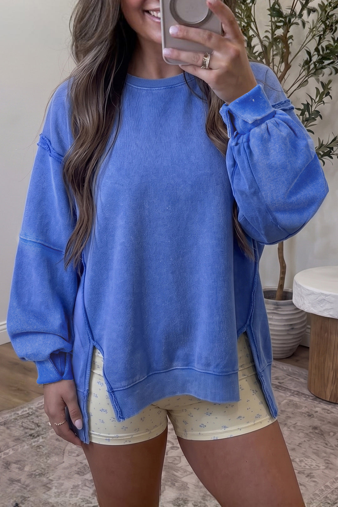 Sky Blue Mineral Wash Split Hem Loose Tunic Sweatshirt