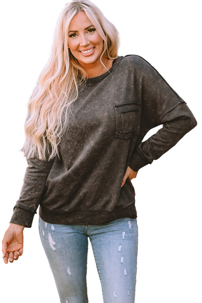 Gray Acid Wash Drop Shoulder Long Sleeve Sweatshirt with Pockets