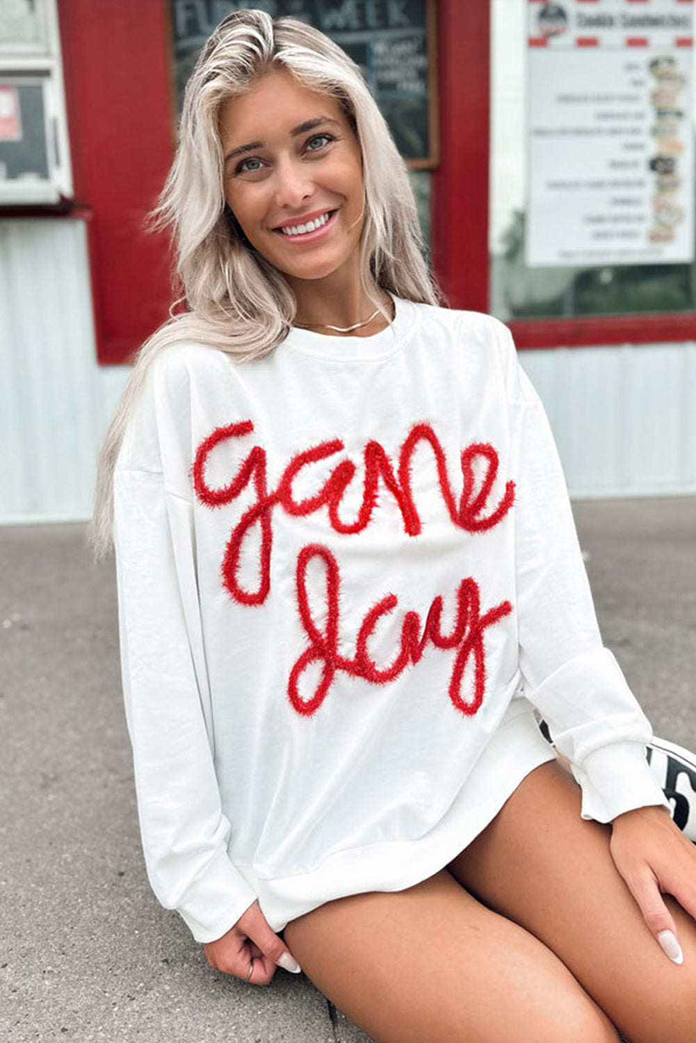 White Tinsel Game Day Drop Shoulder Graphic Sweatshirt