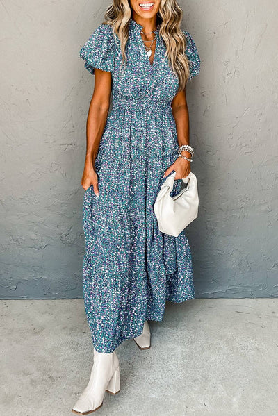 Blue Printed V Neck Shirred Short Puff Sleeve Maxi Dress