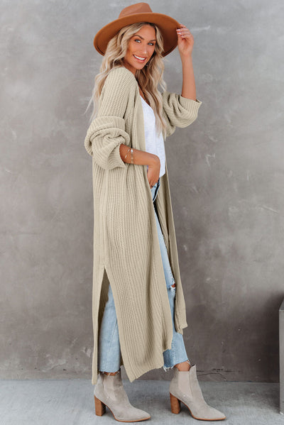 Beige Open Front Side Slit Duster Knit Cardigan