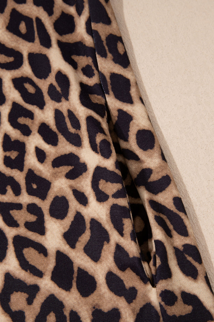 Khaki Buttoned Collar Short Sleeve Shift Leopard Dress with Pockets