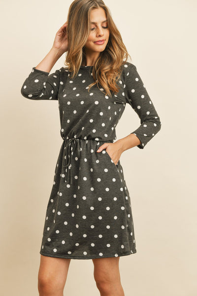 Polka Dot Print French Terry Cinch Waist Tie Front Dress With Pockets