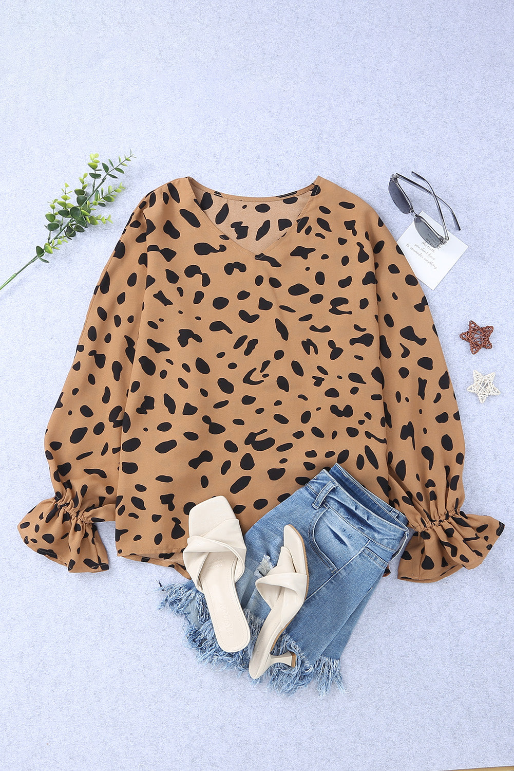 Leopard V Neck Ruffled Cuffs Loose Blouse