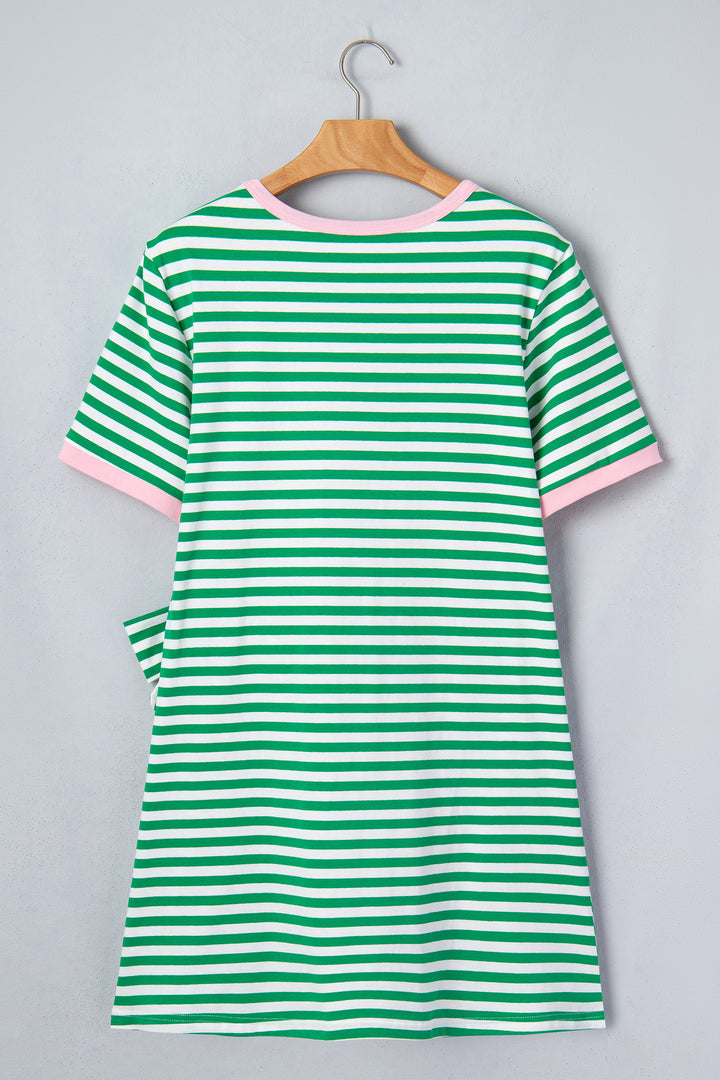 Sky Blue Stripe Nautical Tie Contrast Trim Round Neck T Shirt Mini Dress