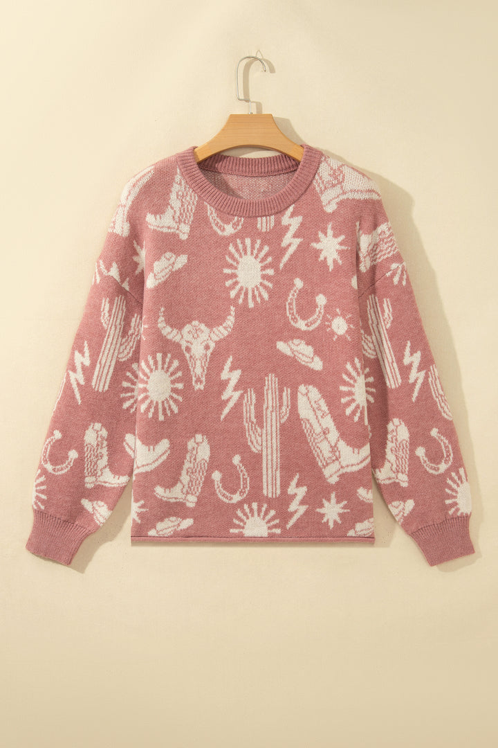 Peach Blossom Western Print Drop Shoulder Round Neck Long Sleeve Sweater