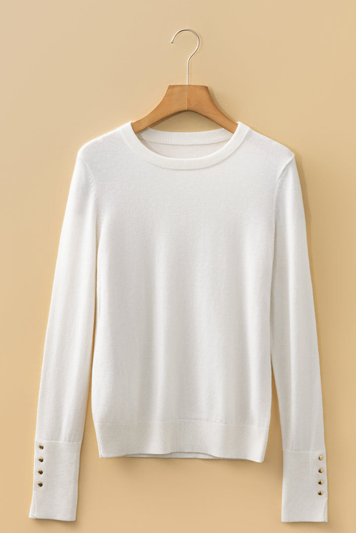 White Button Split Cuffs Round Neck Slim Sweater